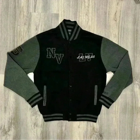 Passion-I Las Vegas NV Varsity Fleece Bomber Jacket Snap Gray Black Size L - Picture 1 of 8